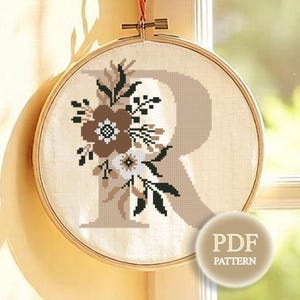May include: A circular wooden embroidery hoop containing a cross-stitch pattern of the letter R in a light tan shade, decorated with brown and white flowers and black leaves. A circular badge in the bottom right corner displays the text PDF PATTERN.