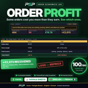 Peut inclure: Une interface de tableau de bord numérique intitulée ORDER PROFIT par PSP Order Economics Lab. Elle affiche des données sur les coûts des commandes, incluant un tableau montrant une valeur de commande de 27,91 €, une marge brute de 7,81 € et une perte de 8,74 €.