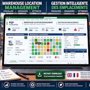 Op de afbeelding: Een laptopscherm met een Excel-sjabloon voor magazijnlocatiebeheer, inclusief een dashboard, interactieve magazijnplattegrond en voorraadgegevens. De interface bevat grafieken, locatiedetails en artikellijsten in het Engels en Frans, met iconen voor kaartcontrole en optimalisatie.