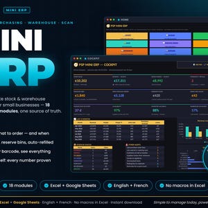 Inventory Management Mini ERP | Excel & Google Sheets Template | Stock, Purchase Orders, Warehouse Bins, Barcode Scan