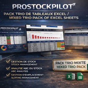 Könnte beinhalten: Ein Bild, das ein "Mixed Trio Pack of Excel Sheets" mit dem Logo "PROSTOCKPILOT" zeigt. Drei Computerbildschirme zeigen Daten, Diagramme und Tabellen. Der Text umfasst "Stock Management", "ABC Analysis" und "Sloting Management".