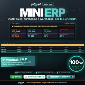 Peut inclure: Un tableau de bord numérique pour le logiciel PSP Mini ERP affichant des données de stock, de ventes et d'achats. L'interface comprend un cockpit avec des indicateurs financiers, un tableau de performance mensuel et un badge de confiance 100/100. Compatible Excel et Google Sheets en anglais et français.