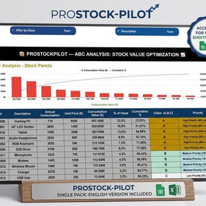Peut inclure: Une tablette numérique affiche un tableau d'analyse de données avec des graphiques à barres rouges et un tableau détaillant l'optimisation de la valeur des stocks. L'écran affiche des données telles que le SKU, la description, la consommation annuelle et le prix unitaire.