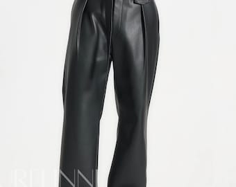 Pantalones de cuero negro para hombre / Corte recto / Hechos a medida