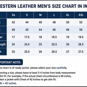 Peut inclure: Un tableau des tailles pour vestes en cuir affichant des mesures en pouces pour les tailles XS &agrave; XXXL, incluant poitrine, taille, &eacute;paules, longueur de manche et longueur totale. Il contient une note importante sur l'ajustement.