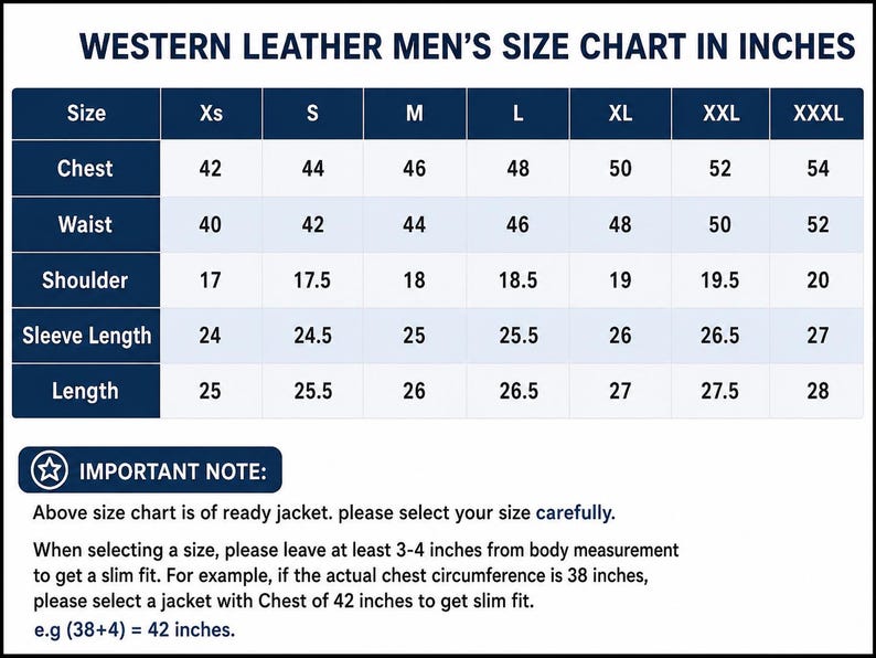 Peut inclure: Un tableau des tailles pour vestes en cuir affichant des mesures en pouces pour les tailles XS &agrave; XXXL, incluant poitrine, taille, &eacute;paules, longueur de manche et longueur totale. Il contient une note importante sur l'ajustement.