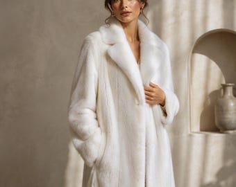Manteau de fourrure de vison blanc pour femme, manteaux de fourrure longs faits main de luxe veste de mariée douce