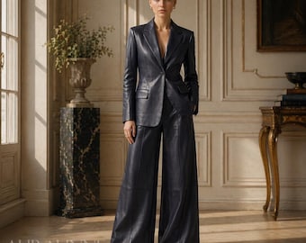 Conjunto de chaqueta de cuero azul marino de lujo para mujer / Traje de pantalón de cuero de pierna ancha / Conjunto de diseñador