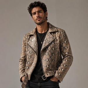 Veste de motard en cuir façon serpent pour homme, veste de moto imprimée python faite main, manteau de moto