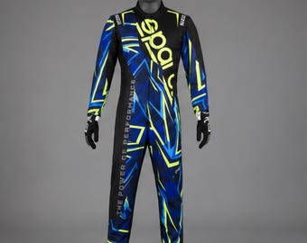 Maßgeschneiderter Kart-Rennanzug für Herren | Blauer Neon Racing Overall | Personalisiertes RacingGear