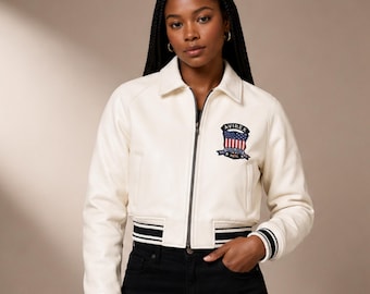 White Leather Cropped Jacket Women | AVIREX USA Style Jacket | Vintage Varsity Leather Jacket | Statement Streetwear | AURALINNE