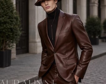 Men’s Brown Leather Suit Set, Leather Blazer and Pants, Modern Menswear