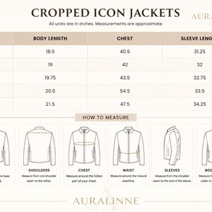 May include: A size chart for cropped icon jackets, with measurements in inches. The chart includes sizes XS to XL, detailing body length, chest, and sleeve length. Diagrams illustrate how to measure neck, shoulders, chest, waist, sleeves, and body length.