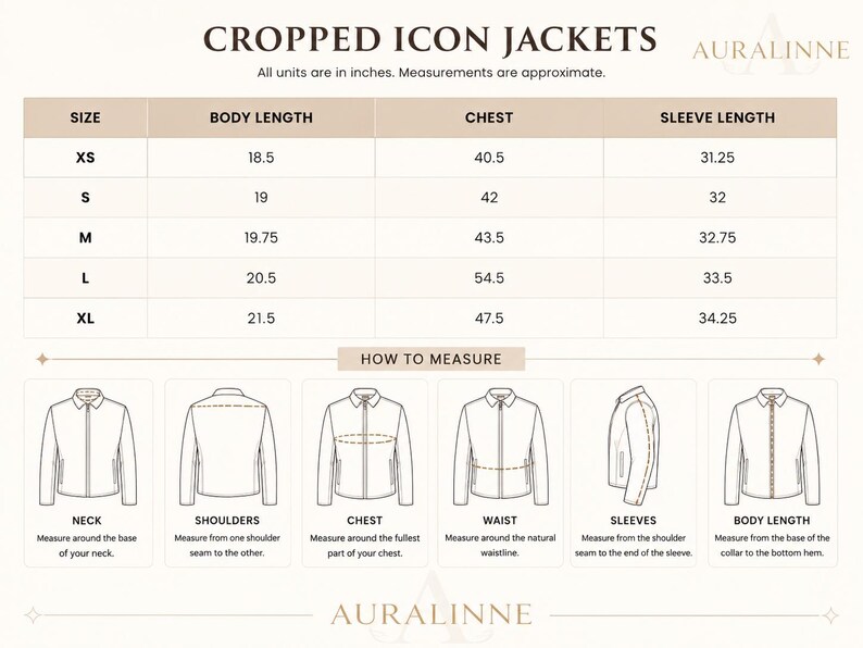 May include: A size chart for cropped icon jackets, with measurements in inches. The chart includes sizes XS to XL, detailing body length, chest, and sleeve length. Diagrams illustrate how to measure neck, shoulders, chest, waist, sleeves, and body length.