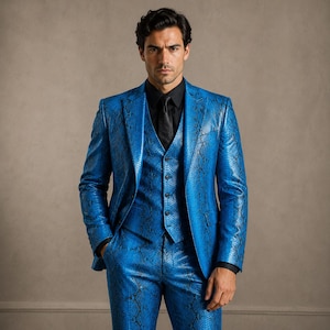 Men's Electric Blue Leather Suit, Handmade Python Embossed 3 Piece Suits, Luxury Leather outfit