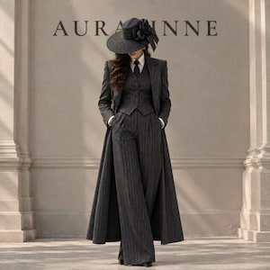 Peut inclure: Un costume trois-pièces gris foncé à rayures fines composé d'un long manteau, d'un gilet et d'un pantalon large. La tenue comprend une chemise blanche à col, une cravate noire et un chapeau noir à larges bords avec une fleur. Le texte AURA INNE est visible.