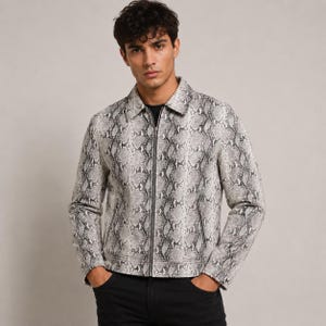 Handmade Python Print Leather Jacket, Snakeskin Leather Moto Jackets