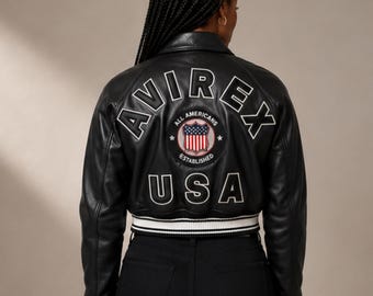 Black Leather Cropped Jacket Women | AVIREX Style Varsity Jacket | Streetwear Leather Jacket