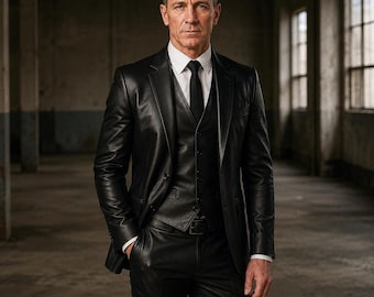 Men's Genuine Leather 3-Piece Suit, Black Tuxedo, Tailored Waistcoat Set