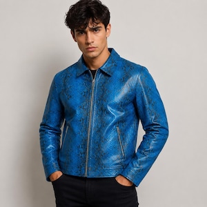 Chaqueta de piel de serpiente azul para hombre, chaquetas con estampado de pitón hechas a mano, abrigo con cremallera de piel exótica