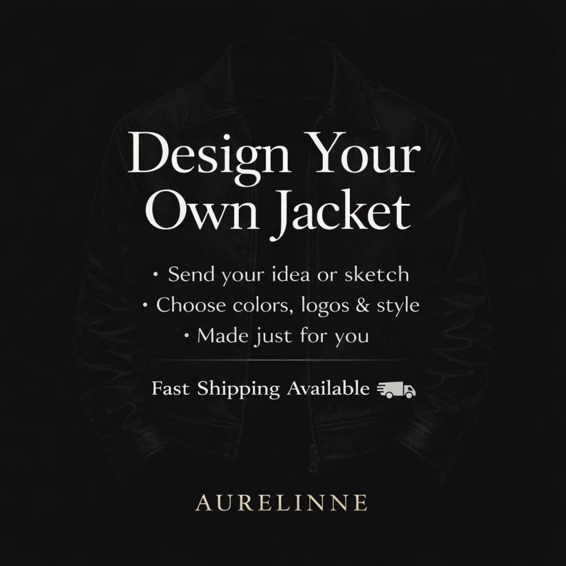 Peut inclure: Une silhouette de veste noire avec le texte blanc Design Your Own Jacket, Send your idea or sketch, Choose colors, logos & style, Made just for you, et le nom de marque AURELINNE centr&eacute; au bas de l'arri&egrave;re-plan sombre.
