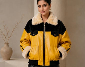Blouson aviateur jaune en peau de mouton retournée pour femme, veste aviateur en cuir oversize, manteau d'hiver en fausse fourrure