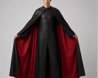 Men's Black Leather Hero Cape with Red Lining |Superhero Cloak | Gothic Cape | Halloween Costume