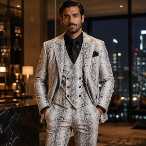Completo da uomo a tre pezzi in pelle con stampa pitone, abiti in pelle di serpente realizzati a mano, abbigliamento di lusso.
