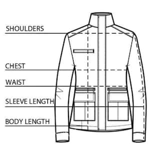 Peut inclure: Un dessin au trait noir et blanc d'une veste avec un col montant, une fermeture &eacute;clair centrale et deux poches avant. Le sch&eacute;ma inclut les &eacute;tiquettes SHOULDERS, CHEST, WAIST, SLEEVE LENGTH et BODY LENGTH pour indiquer les mesures.