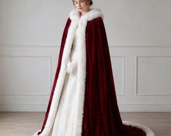 Capa de noiva artesanal em veludo com gola de pele branca, manto longo de inverno para casamento.