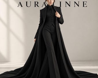 Gothic Black Long Coat Suit, Victorian Tailcoat, 3 Piece Women’s Tuxedo