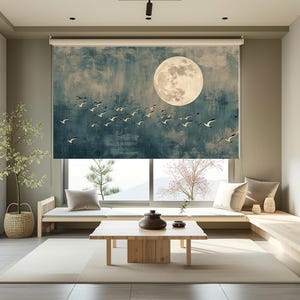 Estor enrollable personalizado con diseño de luna, estor con estampado de pájaros estilo Japandi, cortina opaca para ventana