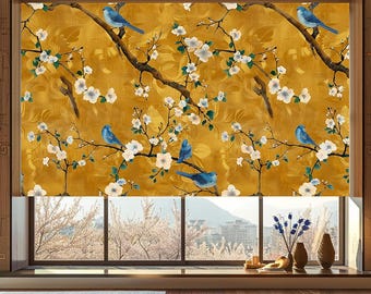 Chinoiserie Bird Roller Blind, Floral Branch Window Shade (Blackout)