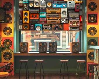 Estor enrollable de audio vintage, cortina de altavoz retro, cortina opaca para sala de música con radiocasete