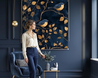 Estor enrollable Blue Bird, cortina de ventana con detalles dorados, cortina opaca a medida, elegante decoración inspirada en la naturaleza.