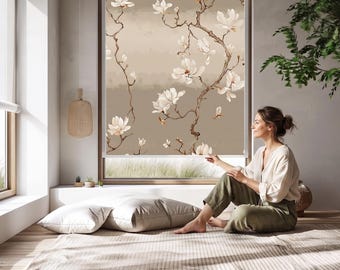 Rullgardin Magnolia, blommig skärm, specialdesignad mörkläggningsgardin, neutral beige fönsterskydd, elegant inredning