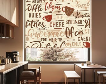 Coffee Quotes Roller Blind, Cafe Style Kitchen Curtain, Typography Coffee Lover Window Shade