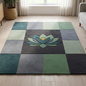 Geometrischer Lotus Bereich Teppich, Grün Grau Patchwork Teppich, Zeitgenössische Wohnzimmer Bodenmatte