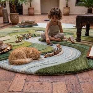 Hand Tufted Wool River Play Rug, Nature Landscape Nursery Carpet, Montessori Playroom Decor