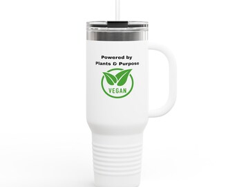 Taza de viaje vegana de 1,2 litros (40 oz) con el sello Powered by Plants & Purpose