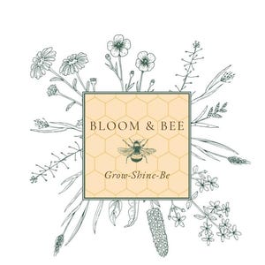 May include: A square logo featuring a light orange background with a dark orange honeycomb pattern. The text BLOOM & BEE is centered above a detailed bee illustration, with the text Grow-Shine-Be below, surrounded by dark green botanical line art.