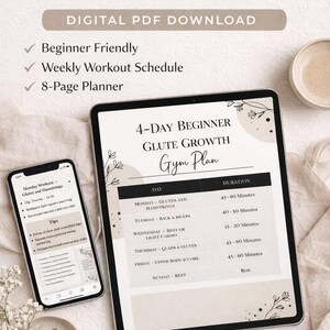 May include: Digital PDF download of a 4-Day Beginner Glute Growth Gym Plan. The plan includes a weekly workout schedule and an 8-page planner. The plan is beginner-friendly and includes exercises for glutes, hamstrings, back, biceps, quads, and upper body.