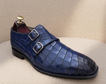 Blue Crocodile Embossed Monk Strap Shoes – Men’s Double Buckle Dress Shoes
