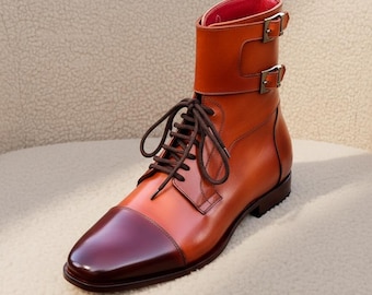 Burnt Orange Leather Lace-Up Boots with Buckles, Cap Toe Ankle Boots, Handmade Dress Boots, Vintage Style Men’s Boots