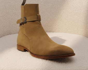 Camel Color Leather Ankle Boots Men, Buckle Strap Boots, Minimalist Jodhpur Boots, Elegant Dress Boots