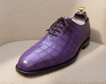Handmade Purple Crocodile Textured Genuine Leather Oxford Shoes – Men’s Luxury Leather Dress Shoes