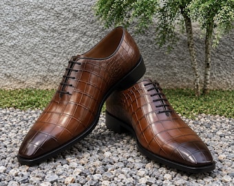 Men’s Brown Crocodile-Embossed Wholecut Oxford Shoes, Handmade Italian Leather, Custom Sized