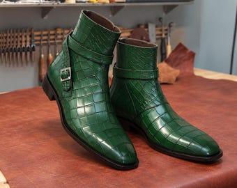 Bottes Jodhpur pour homme, en cuir italien vert à motif crocodile, fabriquées à la main, pointures sur mesure