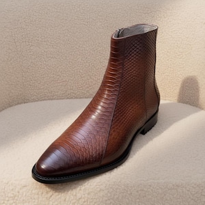 Handmade Brown Python Print Leather Ankle Boots for Men – Luxury Zip-Up Dress Boots