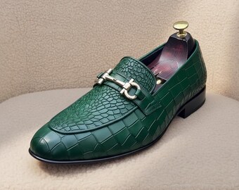Men’s Green Crocodile Embossed Horsebit Loafers – Luxury Leather Slip-On Dress Shoes – Formal Wedding & Party Footwear
